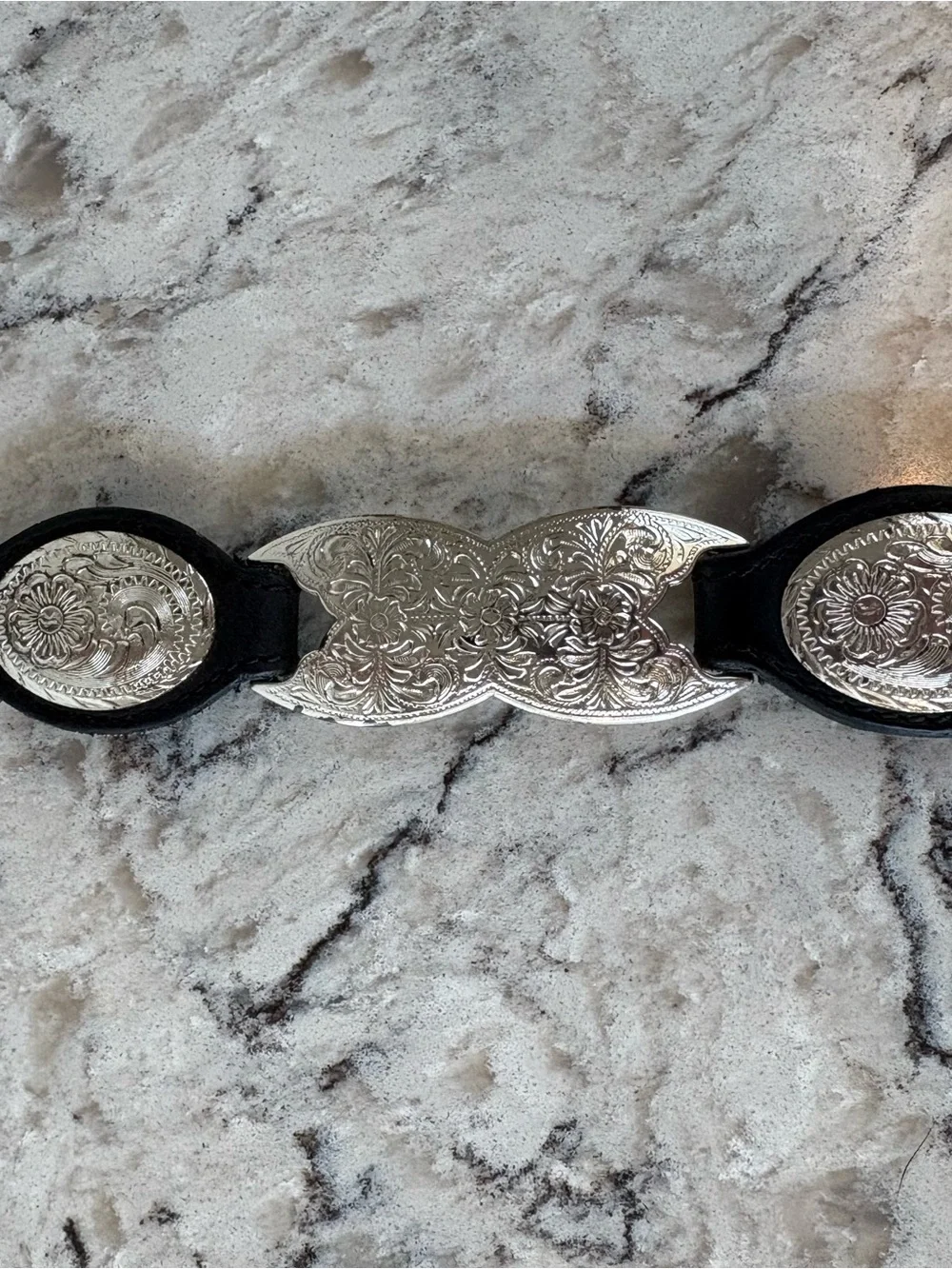 Women's Black Leather Link Belt with Silver-Tone Hardware